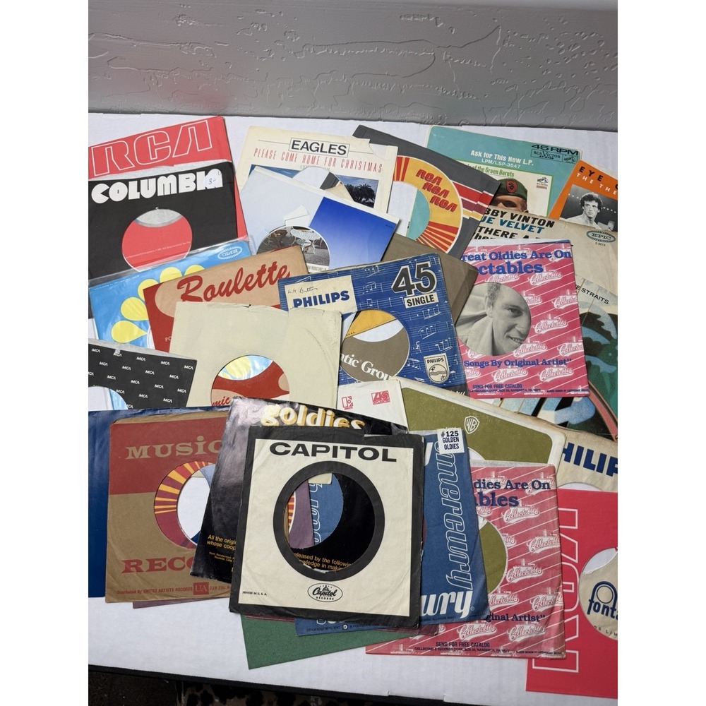 lot of 25+ vintage 45 rpm paper sleeves covers advertisement